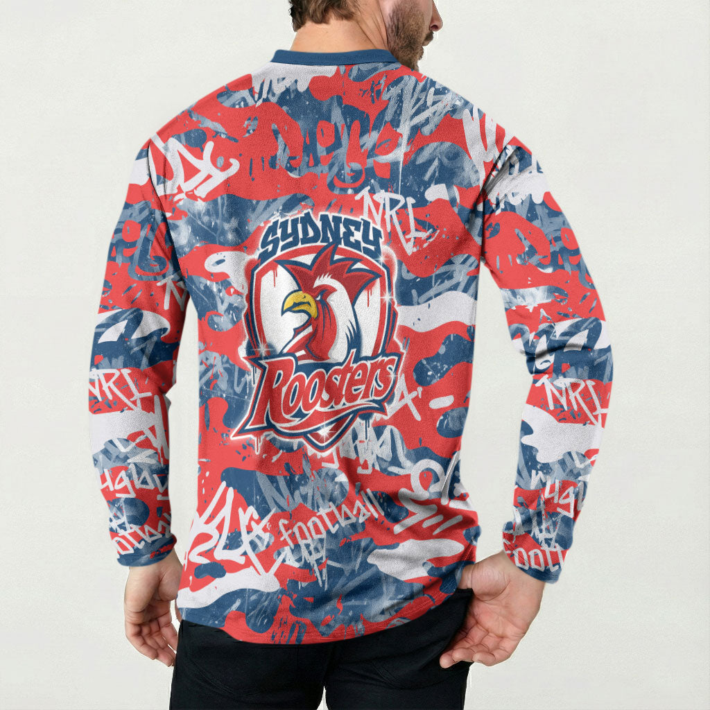 Sydney Roosters Rugby Button Sweatshirt Graffiti Typography Urban Camo Abstract Street Style