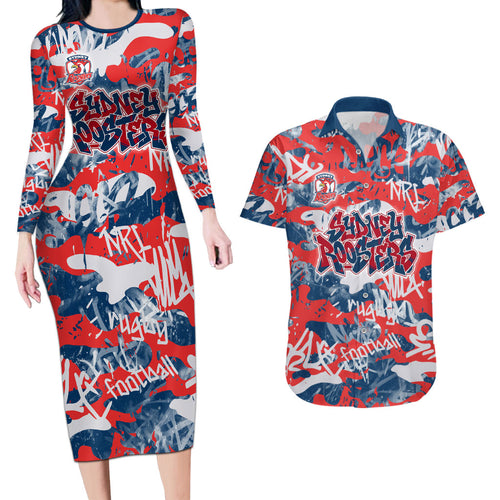 Sydney Roosters Rugby Couples Matching Long Sleeve Bodycon Dress and Hawaiian Shirt Graffiti Typography Urban Camo Abstract Street Style