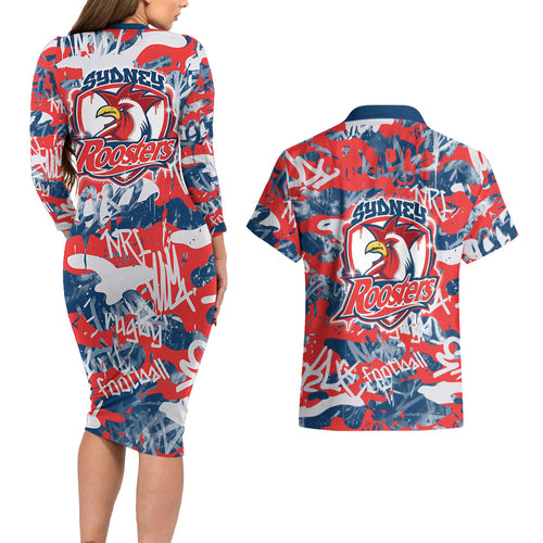 Sydney Roosters Rugby Couples Matching Long Sleeve Bodycon Dress and Hawaiian Shirt Graffiti Typography Urban Camo Abstract Street Style