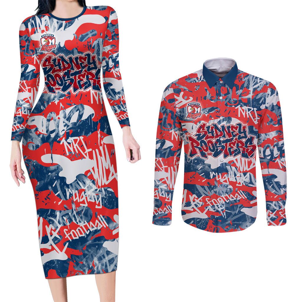 Sydney Roosters Rugby Couples Matching Long Sleeve Bodycon Dress and Long Sleeve Button Shirt Graffiti Typography Urban Camo Abstract Street Style