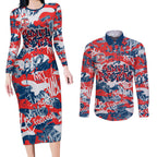Sydney Roosters Rugby Couples Matching Long Sleeve Bodycon Dress and Long Sleeve Button Shirt Graffiti Typography Urban Camo Abstract Street Style