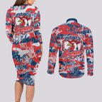 Sydney Roosters Rugby Couples Matching Long Sleeve Bodycon Dress and Long Sleeve Button Shirt Graffiti Typography Urban Camo Abstract Street Style