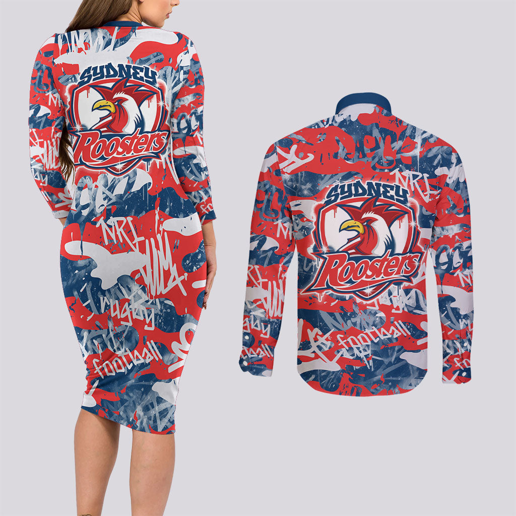 Sydney Roosters Rugby Couples Matching Long Sleeve Bodycon Dress and Long Sleeve Button Shirt Graffiti Typography Urban Camo Abstract Street Style