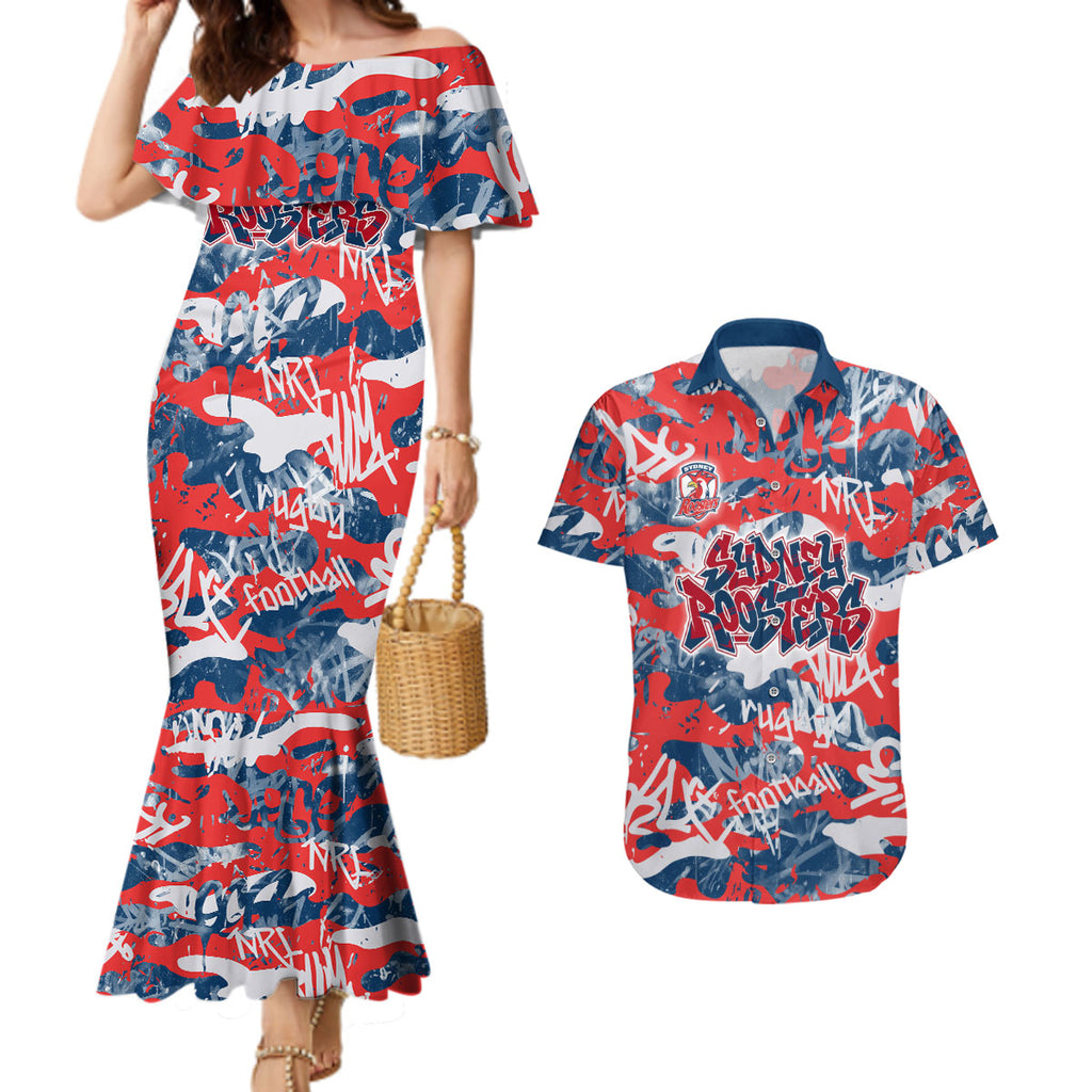 Sydney Roosters Rugby Couples Matching Mermaid Dress and Hawaiian Shirt Graffiti Typography Urban Camo Abstract Street Style
