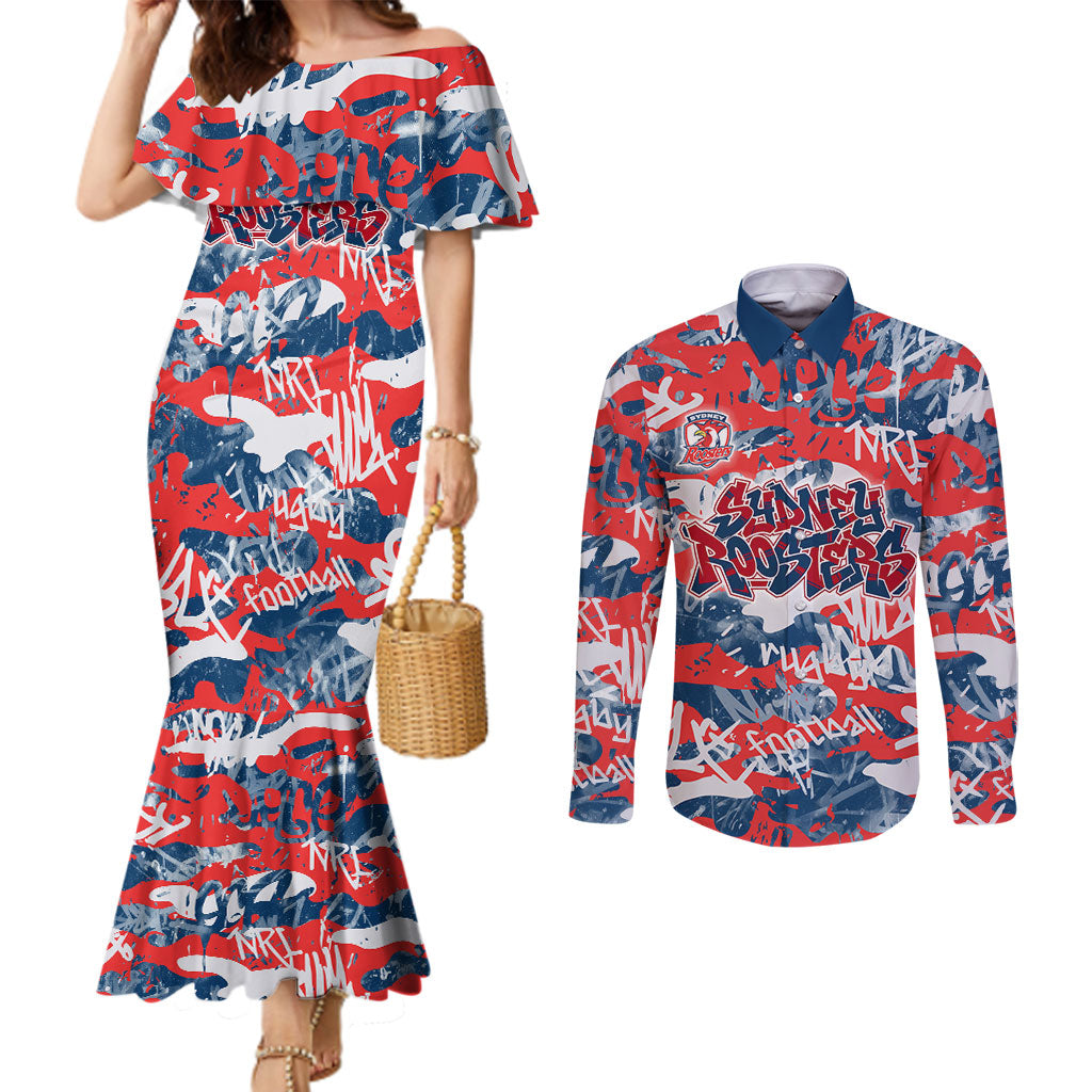 Sydney Roosters Rugby Couples Matching Mermaid Dress and Long Sleeve Button Shirt Graffiti Typography Urban Camo Abstract Street Style