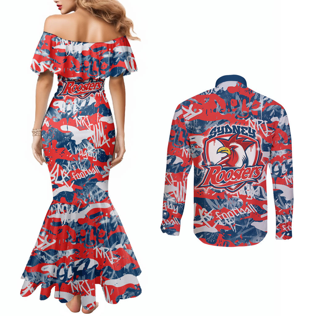 Sydney Roosters Rugby Couples Matching Mermaid Dress and Long Sleeve Button Shirt Graffiti Typography Urban Camo Abstract Street Style