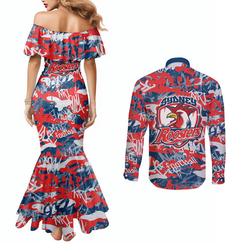 Sydney Roosters Rugby Couples Matching Mermaid Dress and Long Sleeve Button Shirt Graffiti Typography Urban Camo Abstract Street Style