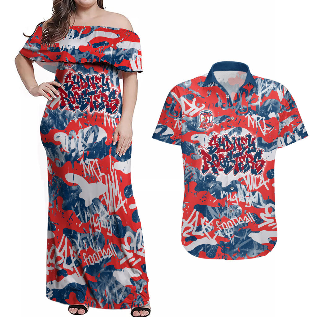 Sydney Roosters Rugby Couples Matching Off Shoulder Maxi Dress and Hawaiian Shirt Graffiti Typography Urban Camo Abstract Street Style