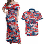Sydney Roosters Rugby Couples Matching Off Shoulder Maxi Dress and Hawaiian Shirt Graffiti Typography Urban Camo Abstract Street Style