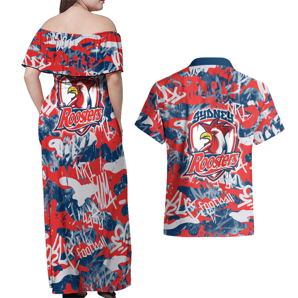 Sydney Roosters Rugby Couples Matching Off Shoulder Maxi Dress and Hawaiian Shirt Graffiti Typography Urban Camo Abstract Street Style