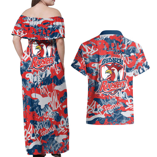 Sydney Roosters Rugby Couples Matching Off Shoulder Maxi Dress and Hawaiian Shirt Graffiti Typography Urban Camo Abstract Street Style