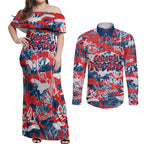 Sydney Roosters Rugby Couples Matching Off Shoulder Maxi Dress and Long Sleeve Button Shirt Graffiti Typography Urban Camo Abstract Street Style