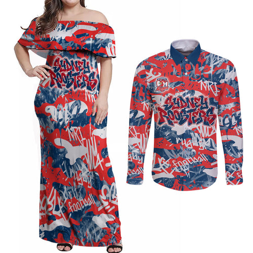 Sydney Roosters Rugby Couples Matching Off Shoulder Maxi Dress and Long Sleeve Button Shirt Graffiti Typography Urban Camo Abstract Street Style
