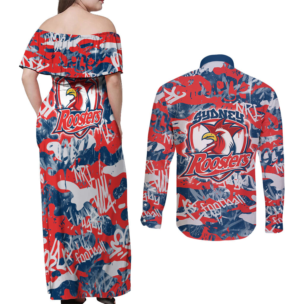 Sydney Roosters Rugby Couples Matching Off Shoulder Maxi Dress and Long Sleeve Button Shirt Graffiti Typography Urban Camo Abstract Street Style