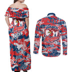 Sydney Roosters Rugby Couples Matching Off Shoulder Maxi Dress and Long Sleeve Button Shirt Graffiti Typography Urban Camo Abstract Street Style