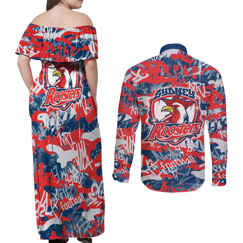 Sydney Roosters Rugby Couples Matching Off Shoulder Maxi Dress and Long Sleeve Button Shirt Graffiti Typography Urban Camo Abstract Street Style