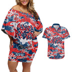 Sydney Roosters Rugby Couples Matching Off Shoulder Short Dress and Hawaiian Shirt Graffiti Typography Urban Camo Abstract Street Style