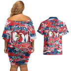 Sydney Roosters Rugby Couples Matching Off Shoulder Short Dress and Hawaiian Shirt Graffiti Typography Urban Camo Abstract Street Style