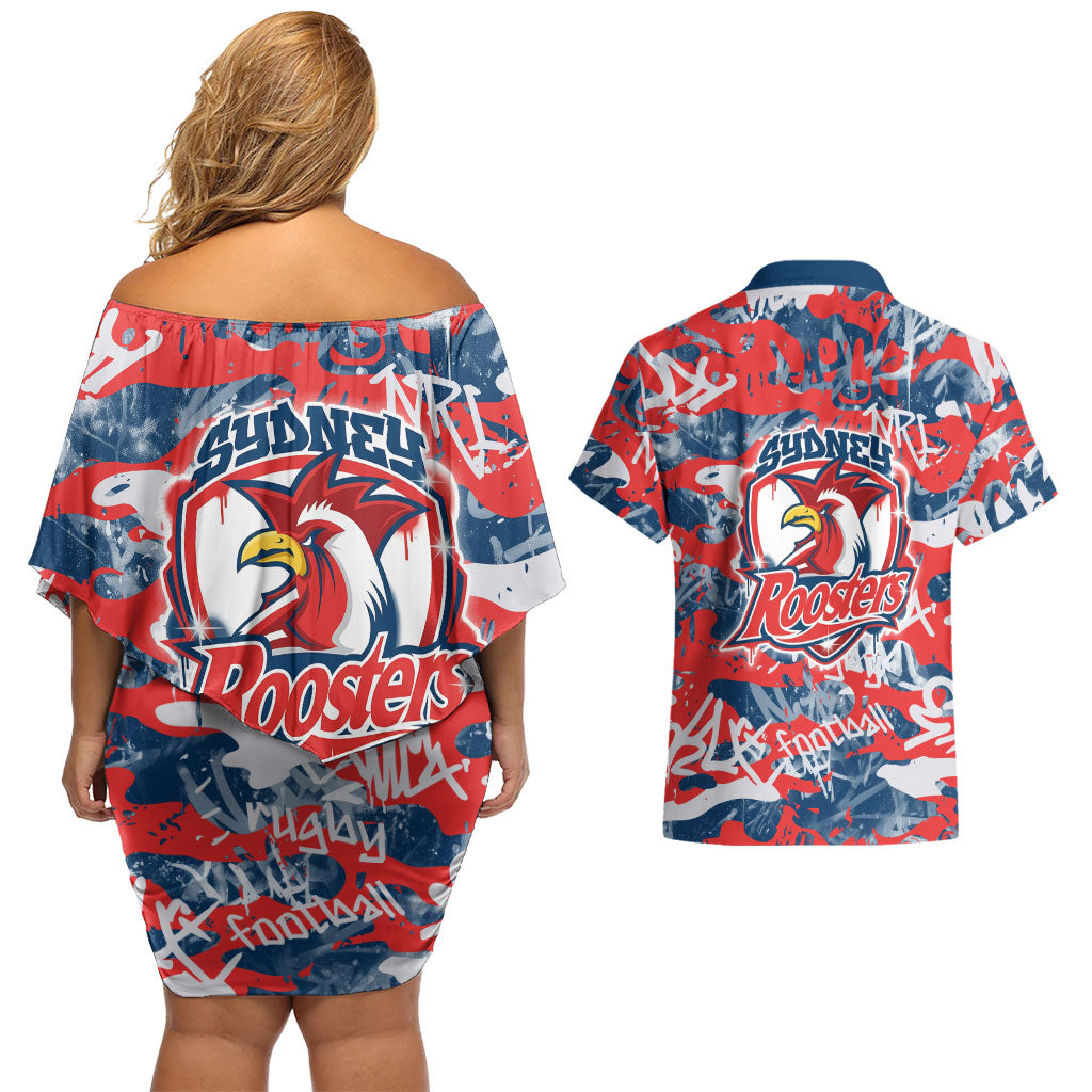 Sydney Roosters Rugby Couples Matching Off Shoulder Short Dress and Hawaiian Shirt Graffiti Typography Urban Camo Abstract Street Style