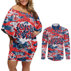 Sydney Roosters Rugby Couples Matching Off Shoulder Short Dress and Long Sleeve Button Shirt Graffiti Typography Urban Camo Abstract Street Style