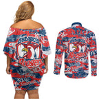 Sydney Roosters Rugby Couples Matching Off Shoulder Short Dress and Long Sleeve Button Shirt Graffiti Typography Urban Camo Abstract Street Style