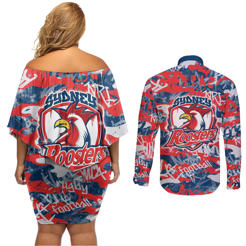 Sydney Roosters Rugby Couples Matching Off Shoulder Short Dress and Long Sleeve Button Shirt Graffiti Typography Urban Camo Abstract Street Style