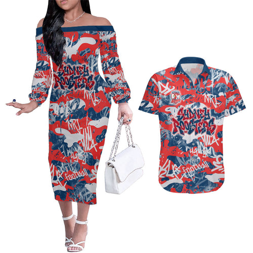 Sydney Roosters Rugby Couples Matching Off The Shoulder Long Sleeve Dress and Hawaiian Shirt Graffiti Typography Urban Camo Abstract Street Style