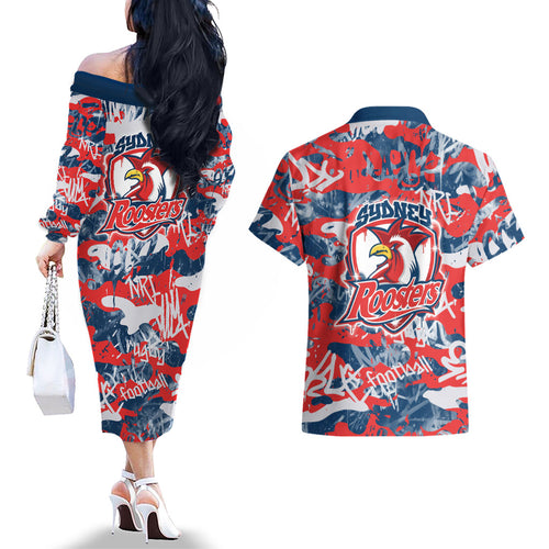 Sydney Roosters Rugby Couples Matching Off The Shoulder Long Sleeve Dress and Hawaiian Shirt Graffiti Typography Urban Camo Abstract Street Style