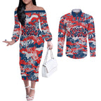 Sydney Roosters Rugby Couples Matching Off The Shoulder Long Sleeve Dress and Long Sleeve Button Shirt Graffiti Typography Urban Camo Abstract Street Style
