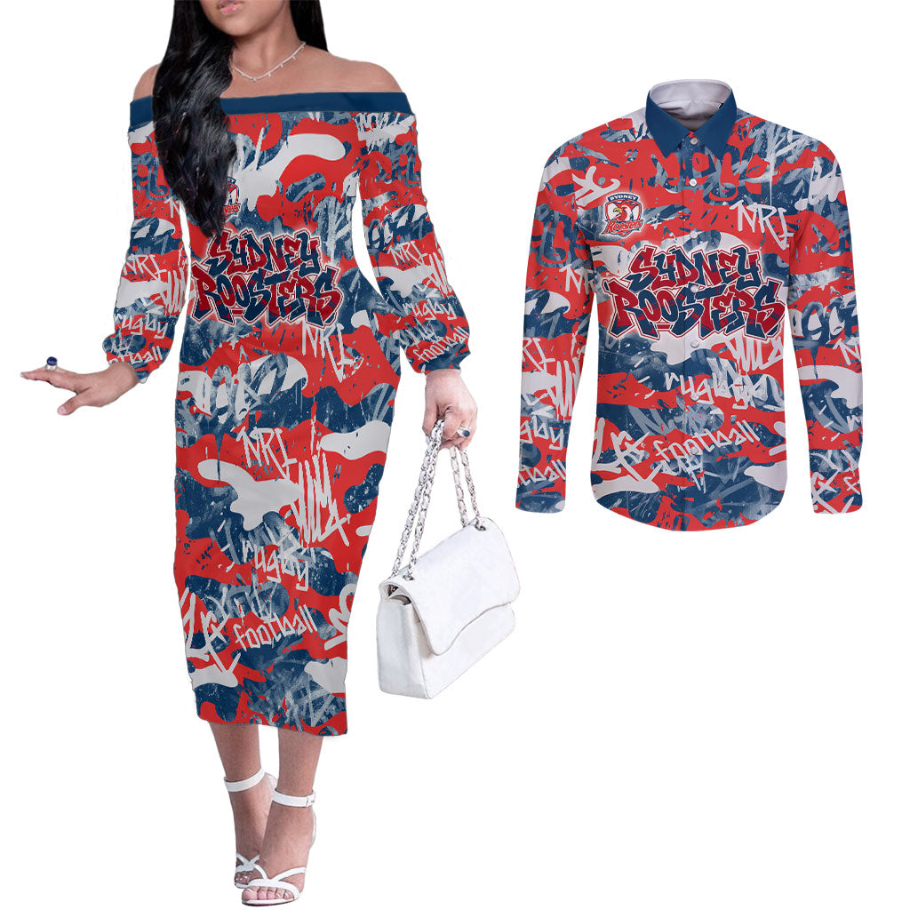 Sydney Roosters Rugby Couples Matching Off The Shoulder Long Sleeve Dress and Long Sleeve Button Shirt Graffiti Typography Urban Camo Abstract Street Style
