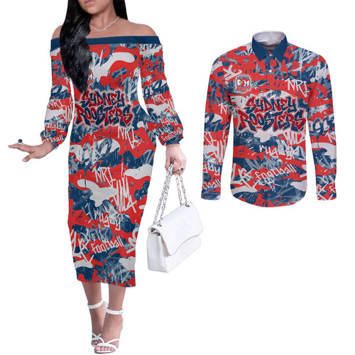 Sydney Roosters Rugby Couples Matching Off The Shoulder Long Sleeve Dress and Long Sleeve Button Shirt Graffiti Typography Urban Camo Abstract Street Style