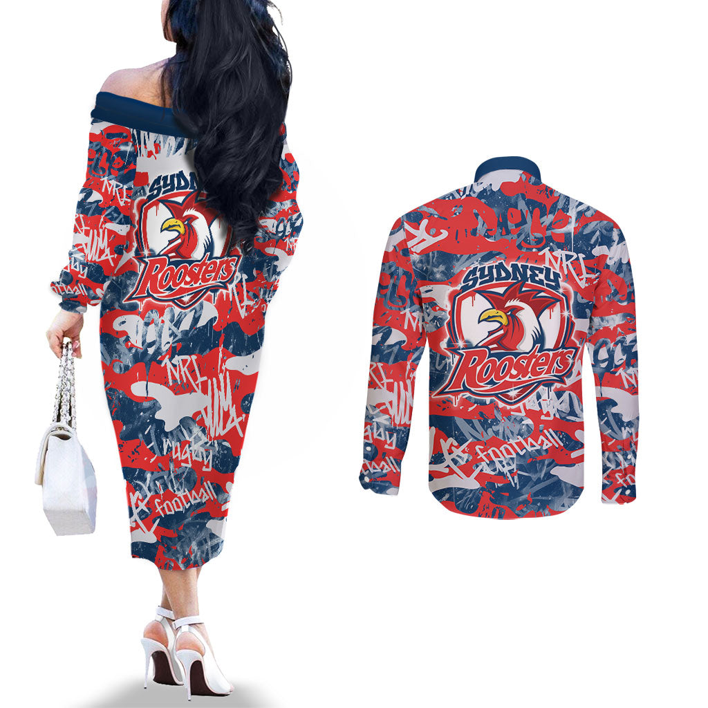 Sydney Roosters Rugby Couples Matching Off The Shoulder Long Sleeve Dress and Long Sleeve Button Shirt Graffiti Typography Urban Camo Abstract Street Style