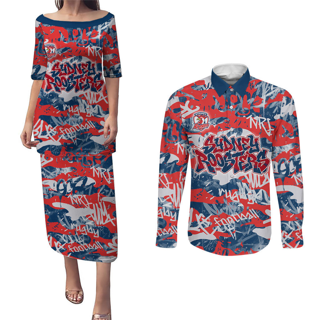 Sydney Roosters Rugby Couples Matching Puletasi and Long Sleeve Button Shirt Graffiti Typography Urban Camo Abstract Street Style