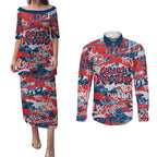 Sydney Roosters Rugby Couples Matching Puletasi and Long Sleeve Button Shirt Graffiti Typography Urban Camo Abstract Street Style