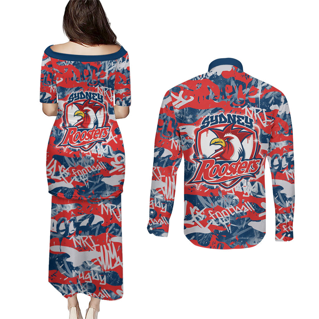Sydney Roosters Rugby Couples Matching Puletasi and Long Sleeve Button Shirt Graffiti Typography Urban Camo Abstract Street Style