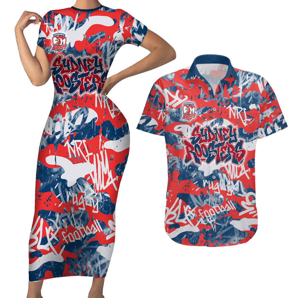 Sydney Roosters Rugby Couples Matching Short Sleeve Bodycon Dress and Hawaiian Shirt Graffiti Typography Urban Camo Abstract Street Style