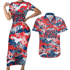 Sydney Roosters Rugby Couples Matching Short Sleeve Bodycon Dress and Hawaiian Shirt Graffiti Typography Urban Camo Abstract Street Style