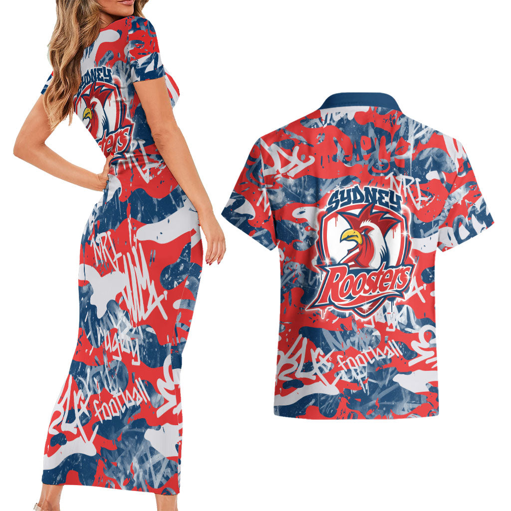 Sydney Roosters Rugby Couples Matching Short Sleeve Bodycon Dress and Hawaiian Shirt Graffiti Typography Urban Camo Abstract Street Style