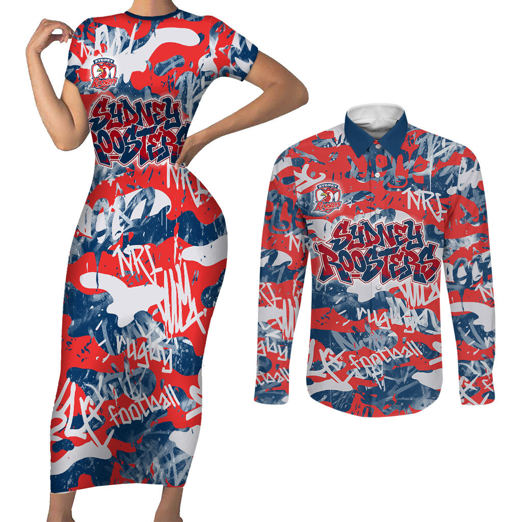 Sydney Roosters Rugby Couples Matching Short Sleeve Bodycon Dress and Long Sleeve Button Shirt Graffiti Typography Urban Camo Abstract Street Style