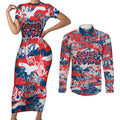 Sydney Roosters Rugby Couples Matching Short Sleeve Bodycon Dress and Long Sleeve Button Shirt Graffiti Typography Urban Camo Abstract Street Style