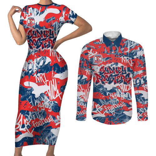 Sydney Roosters Rugby Couples Matching Short Sleeve Bodycon Dress and Long Sleeve Button Shirt Graffiti Typography Urban Camo Abstract Street Style