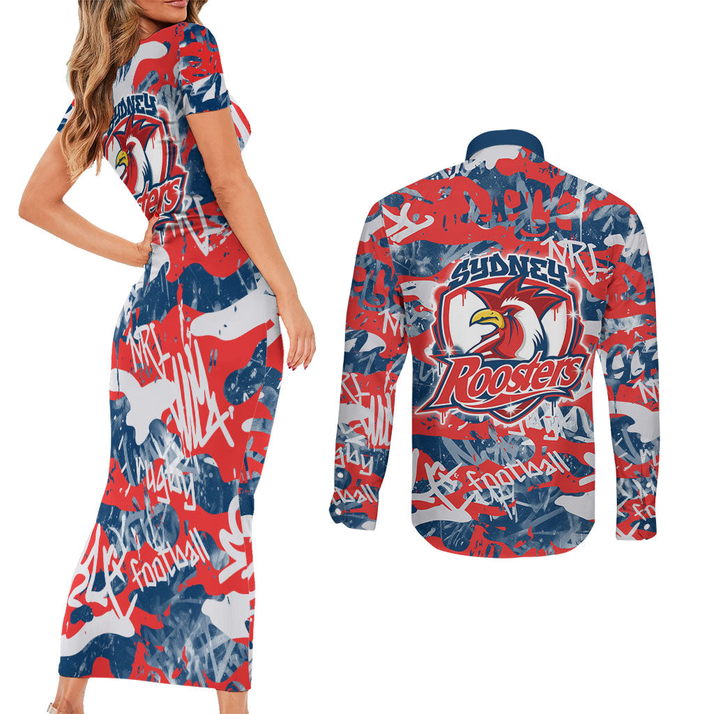 Sydney Roosters Rugby Couples Matching Short Sleeve Bodycon Dress and Long Sleeve Button Shirt Graffiti Typography Urban Camo Abstract Street Style
