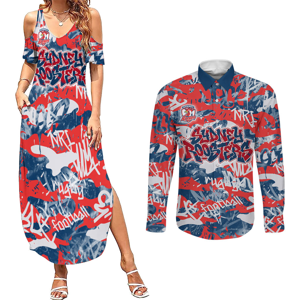 Sydney Roosters Rugby Couples Matching Summer Maxi Dress and Long Sleeve Button Shirt Graffiti Typography Urban Camo Abstract Street Style