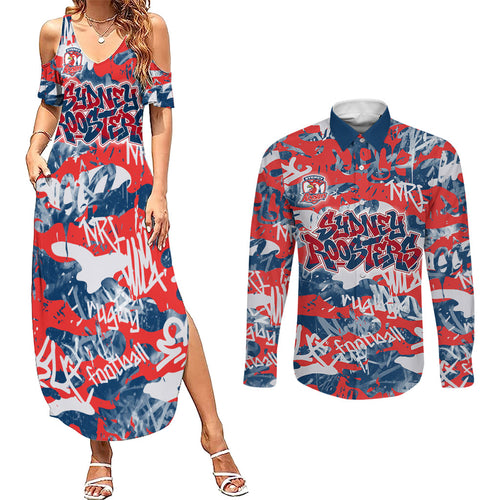 Sydney Roosters Rugby Couples Matching Summer Maxi Dress and Long Sleeve Button Shirt Graffiti Typography Urban Camo Abstract Street Style