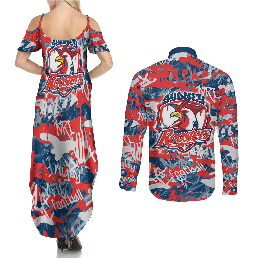 Sydney Roosters Rugby Couples Matching Summer Maxi Dress and Long Sleeve Button Shirt Graffiti Typography Urban Camo Abstract Street Style