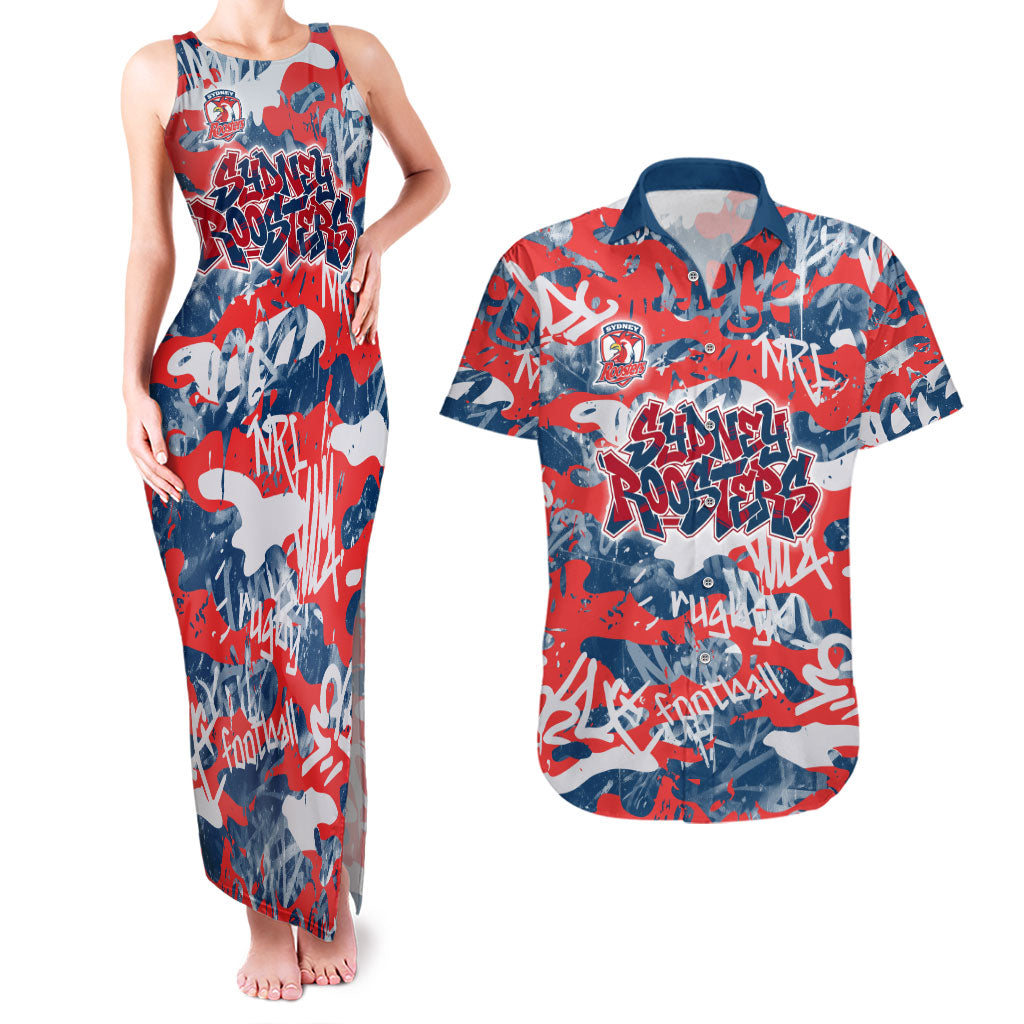 Sydney Roosters Rugby Couples Matching Tank Maxi Dress and Hawaiian Shirt Graffiti Typography Urban Camo Abstract Street Style