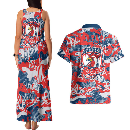 Sydney Roosters Rugby Couples Matching Tank Maxi Dress and Hawaiian Shirt Graffiti Typography Urban Camo Abstract Street Style