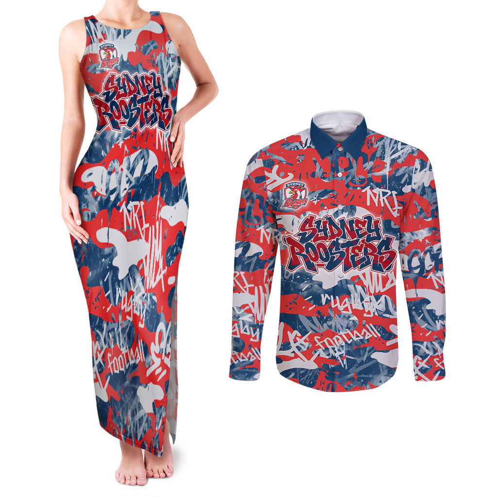 Sydney Roosters Rugby Couples Matching Tank Maxi Dress and Long Sleeve Button Shirt Graffiti Typography Urban Camo Abstract Street Style