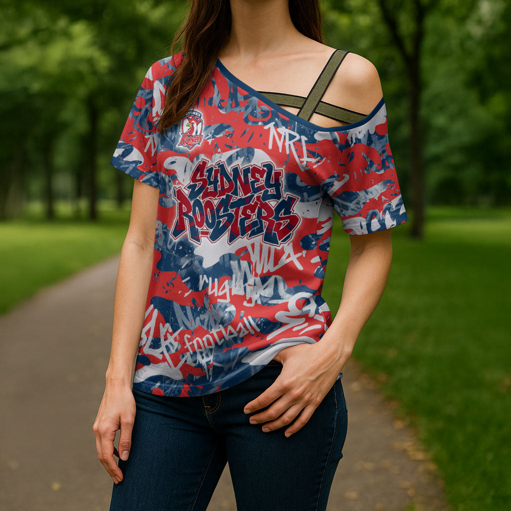 Sydney Roosters Rugby Cross Shoulder Shirt Graffiti Typography Urban Camo Abstract Street Style