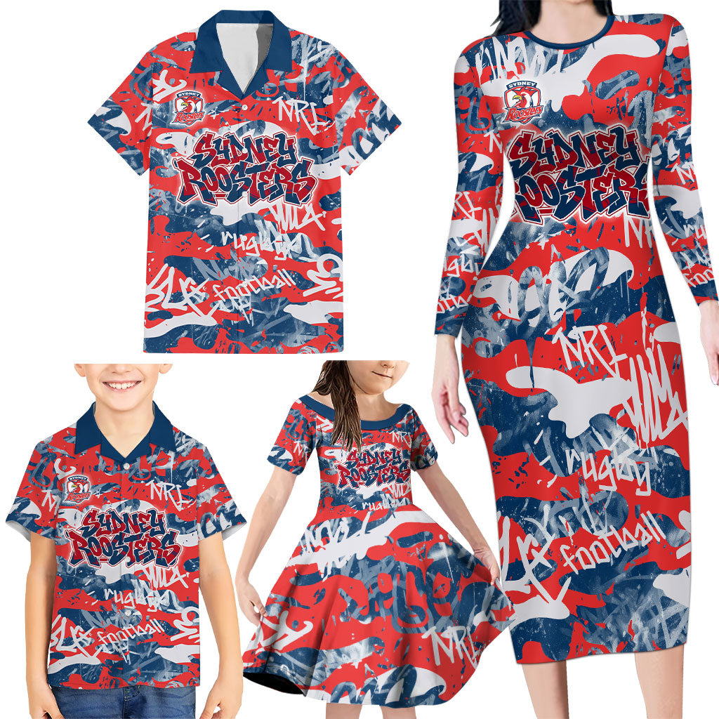 Sydney Roosters Rugby Family Matching Long Sleeve Bodycon Dress and Hawaiian Shirt Graffiti Typography Urban Camo Abstract Street Style